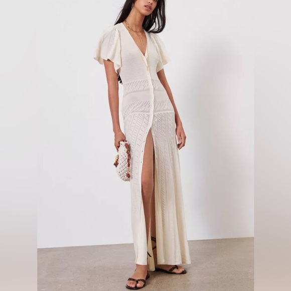 ba&sh Dresses & Skirts - ba&sh Aviva Crochet Maxi Dress Short Sleeve Summer Button Up Pointelle Cream